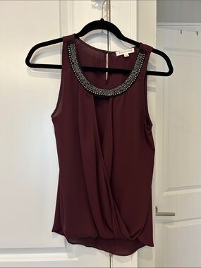 Socialite Beaded Neckline Sleeveless Draped Tank in Burgundy